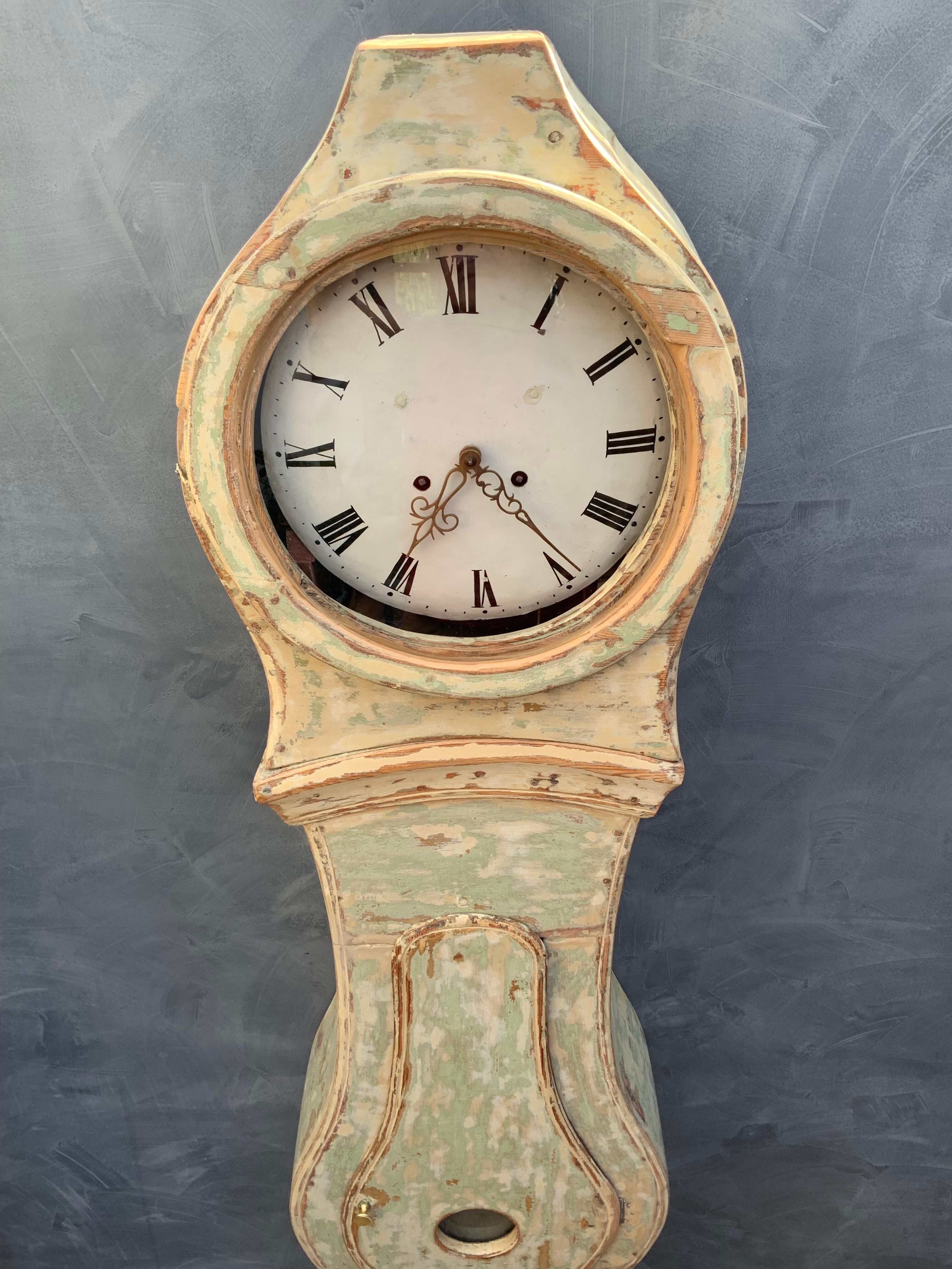 Antique mora clock long case, mint colour wood case 1800s