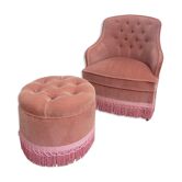Armchair toad and its footrest in old pink velvet