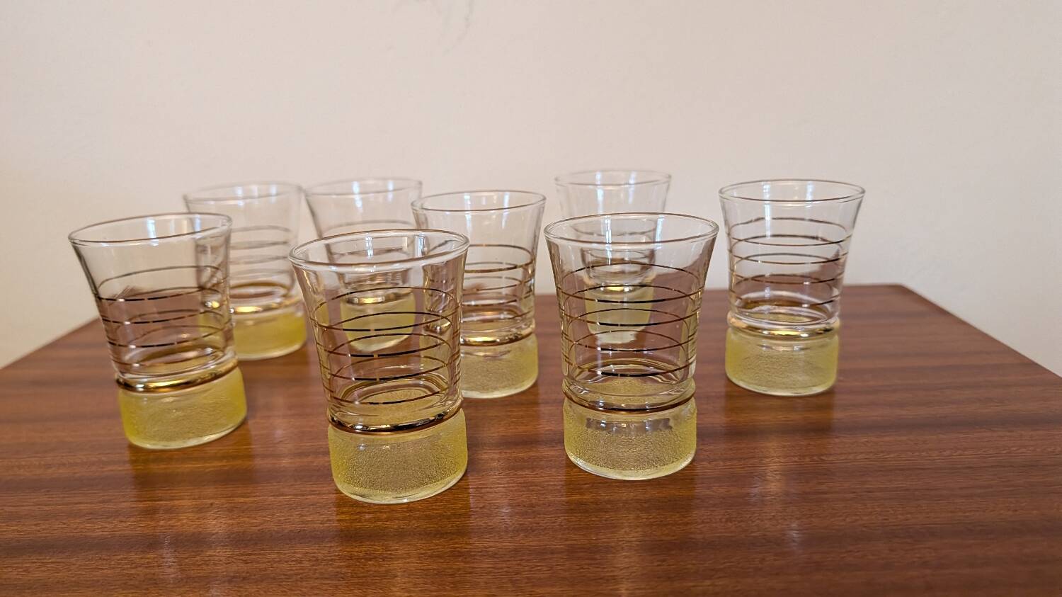 70s vintage glass with gold decoration and a speckled base.