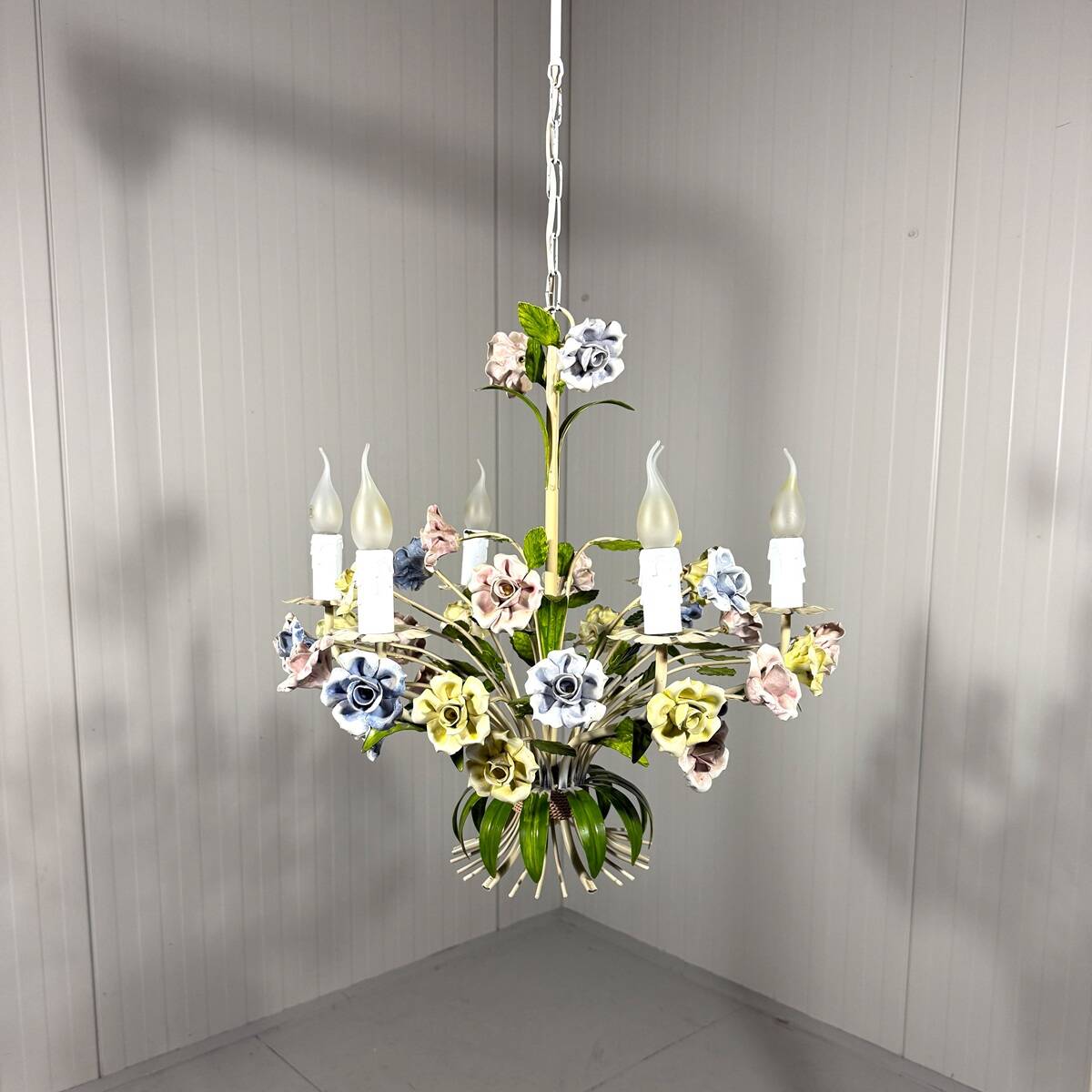 Italian tole chandelier porcelain flowers 1950’s