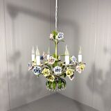 Italian tole chandelier porcelain flowers 1950’s