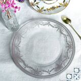Vintage Glass Dessert Plate with Silver Ribbons/Bows and Garlands