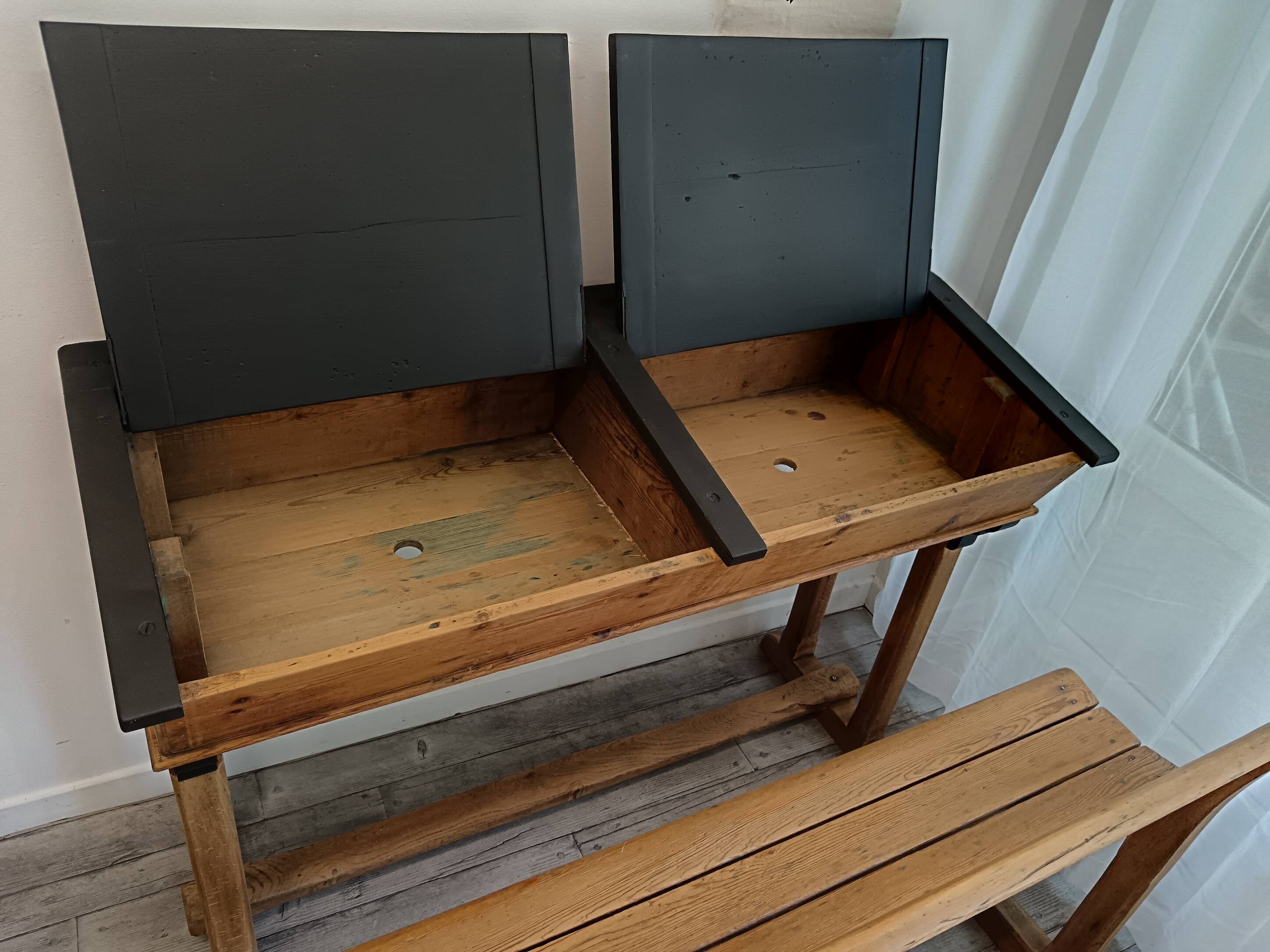 Double school desk in wood and black