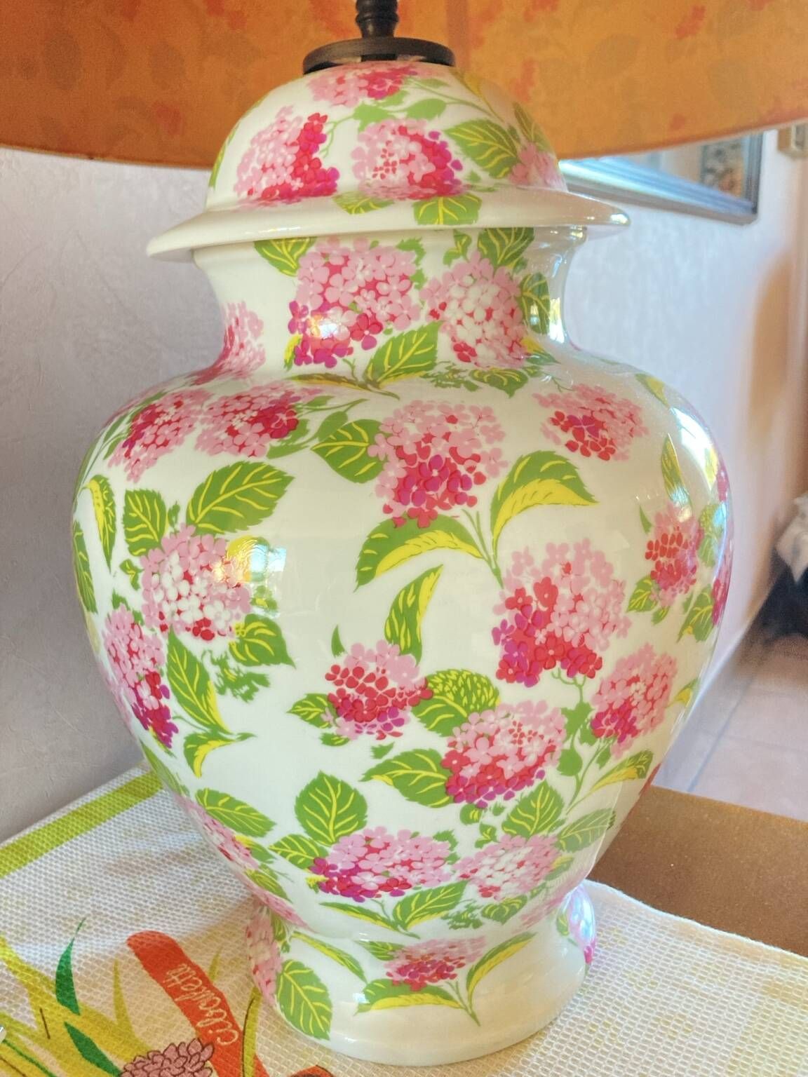Vintage XXL lamp with pink flowers – Ceramic vase & matching lampshade