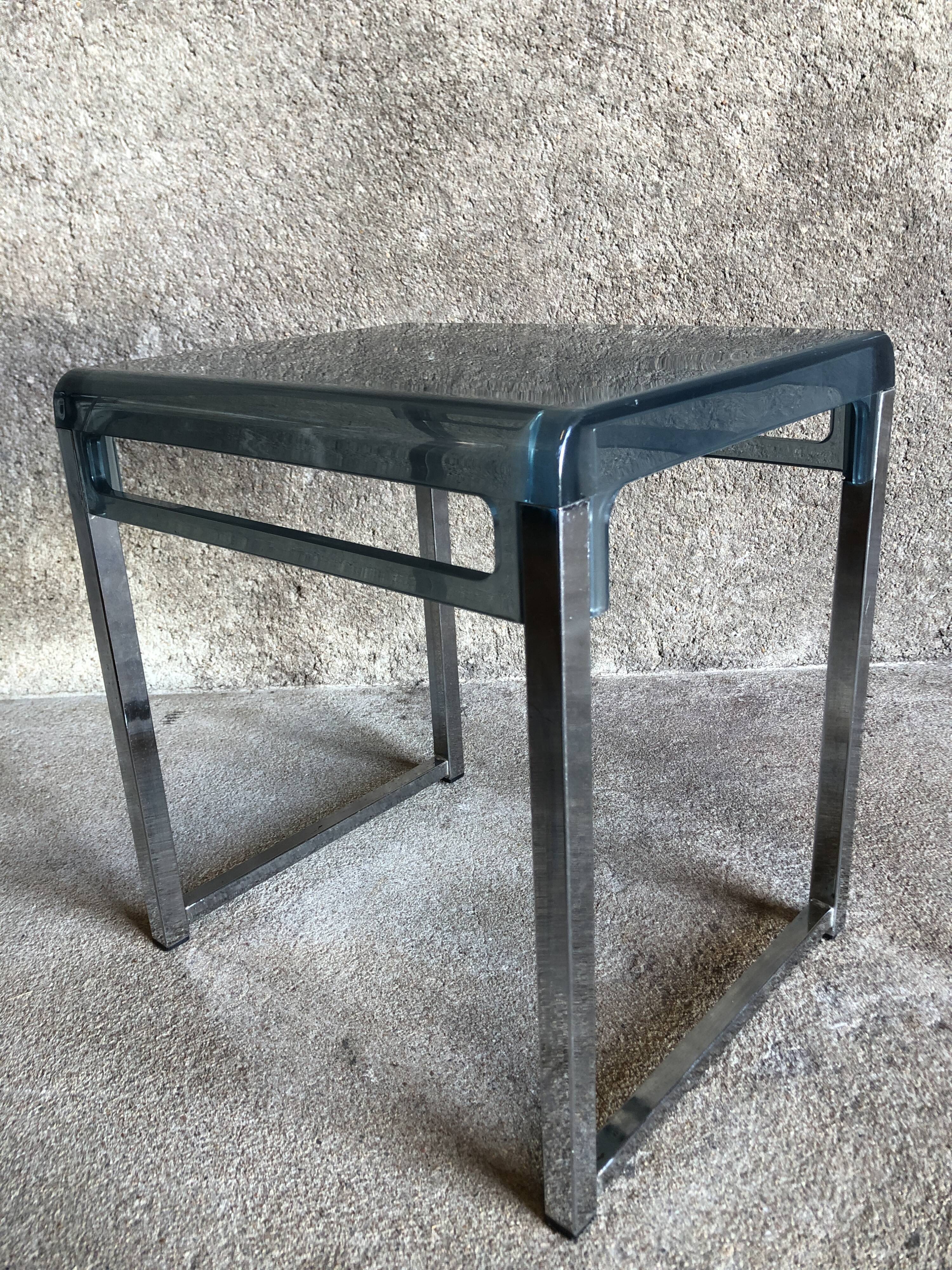 Bedside table in blue plexiglass and chrome metal, 1970