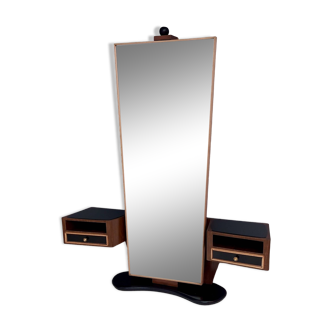 Vintage Wooden Entryway Mirror Organizer with Black Glass Tops, Italy