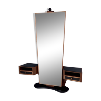 Organisateur de miroir d'entrée vintage en bois avec dessus en verre noir, Italie