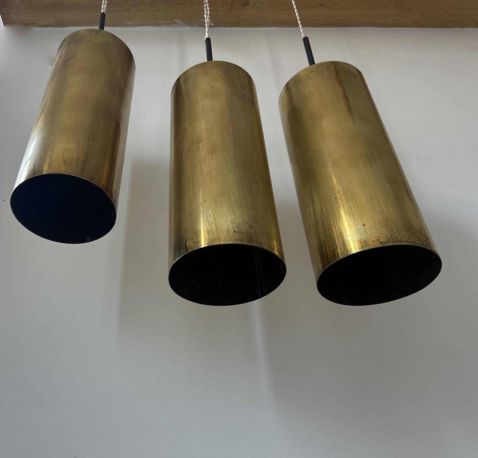 Set of 3 vintage pendant lights in solid brass, France 1960s