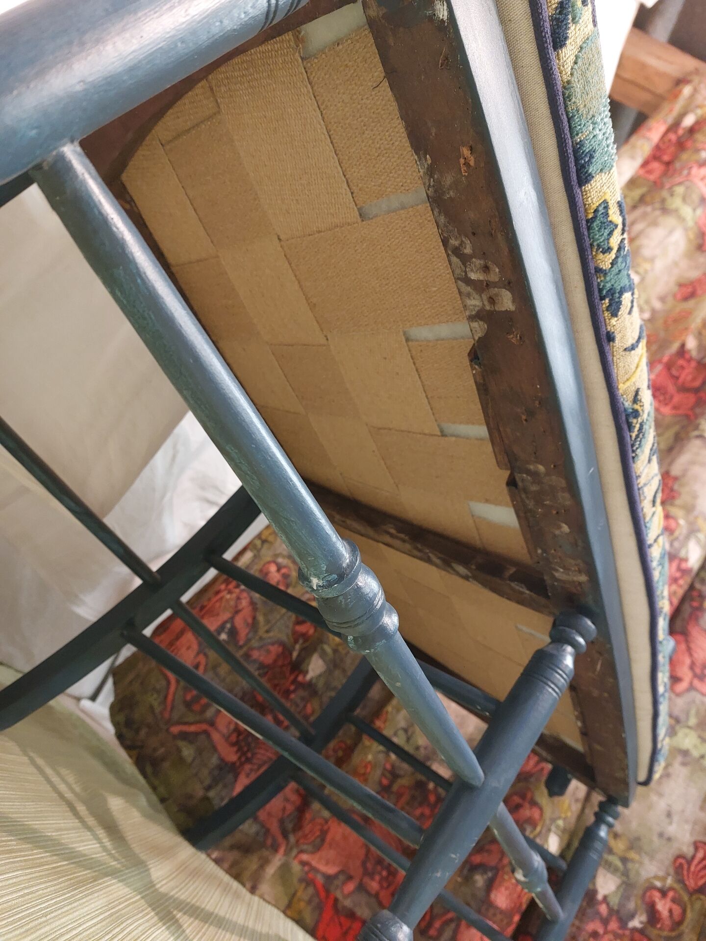 Pretty painted and upholstered bench in green and blue.