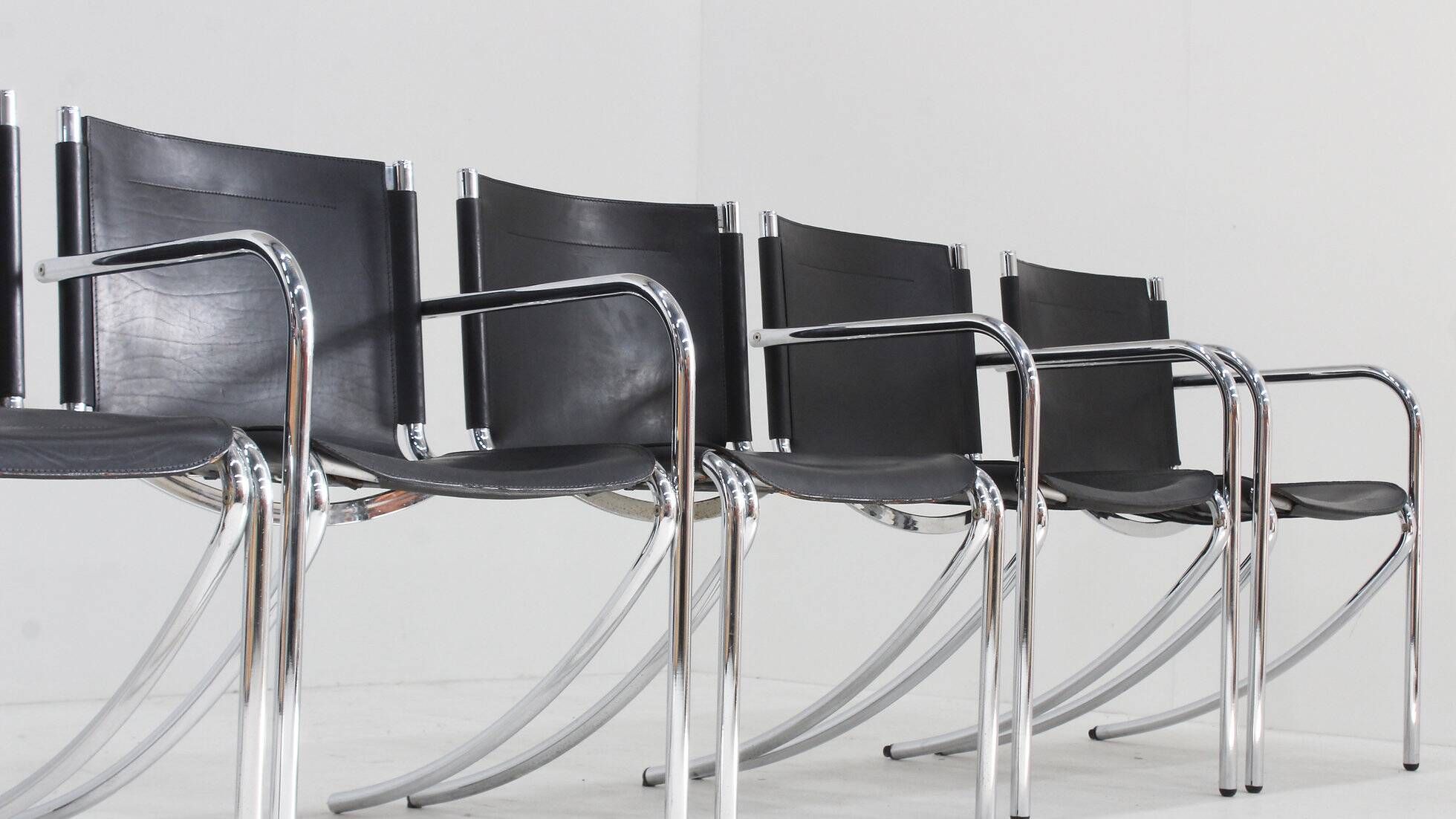 Giotto Stoppino black leather and chrome vintage dining chairs model Jot