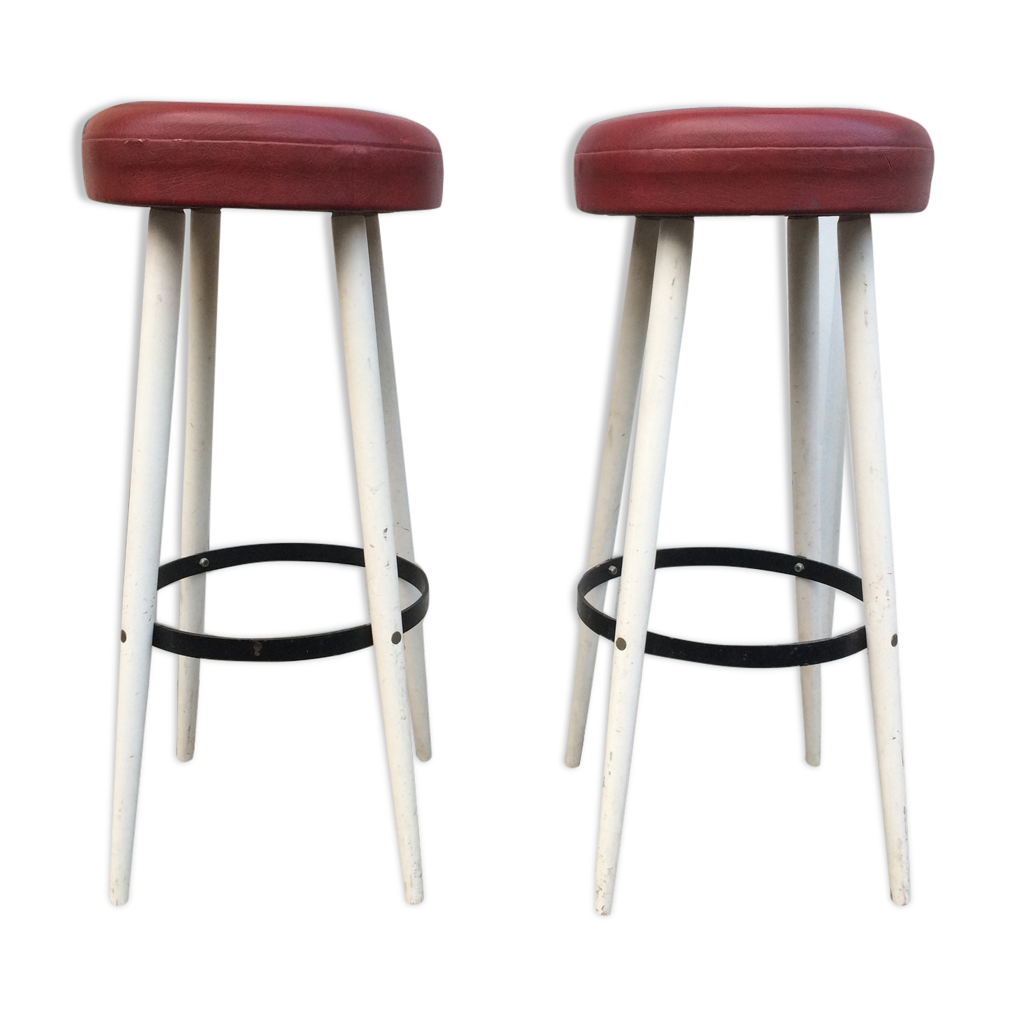 Pair of white and red 1950s bar stools