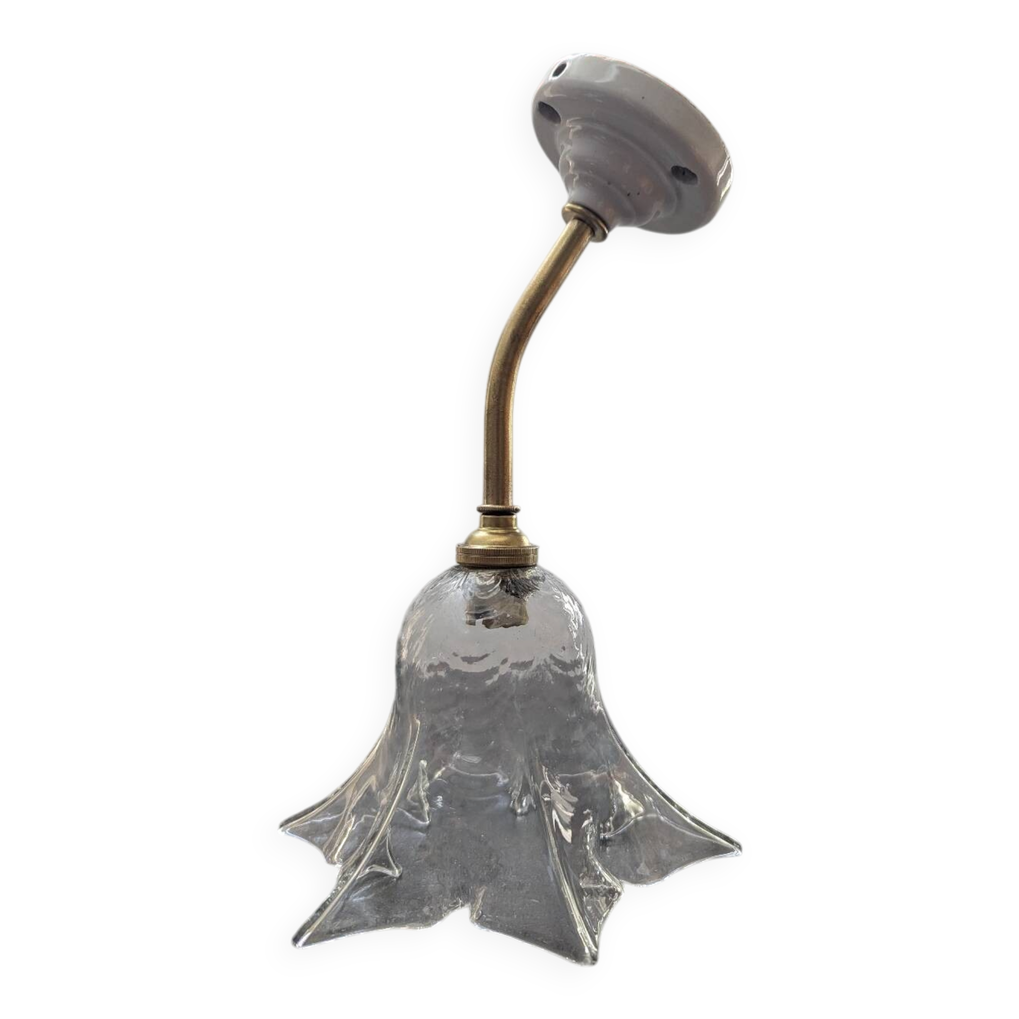 Antique swan neck wall lamp with brass and porcelain tulip lampshade