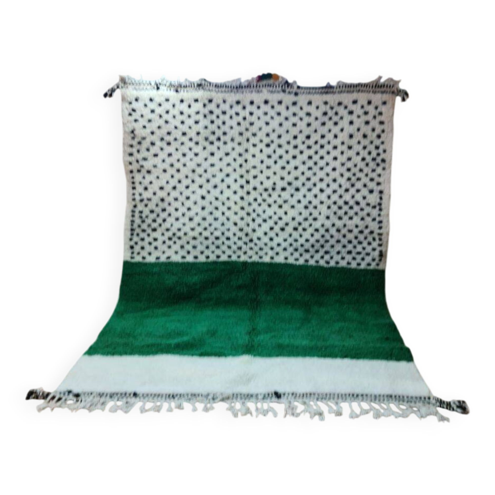 Modern Berber Rug 300x200cm – White Wool, Emerald Green & Black Polka Dots