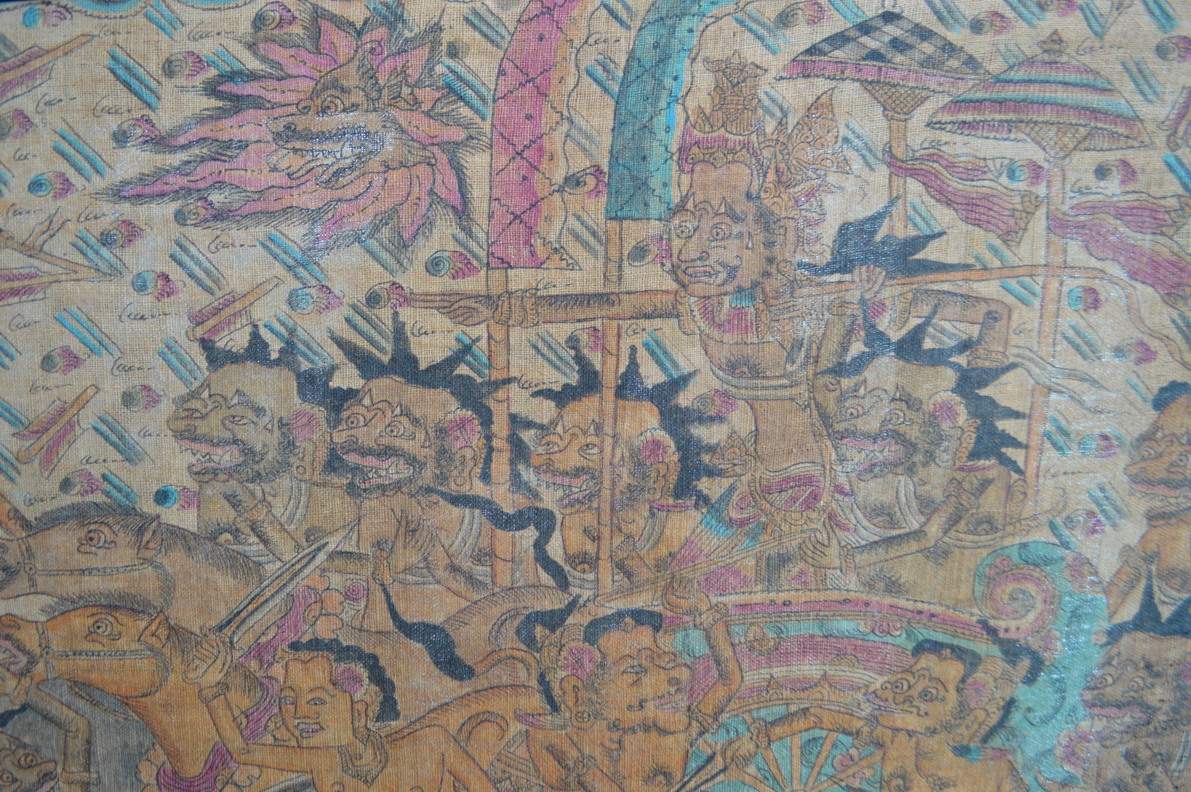 Large traditional Balinese painting on Kamasan Wayang vintage fabric.