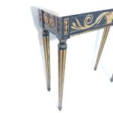 19th century Louis XVI style console table in black and gold with white marble shelf