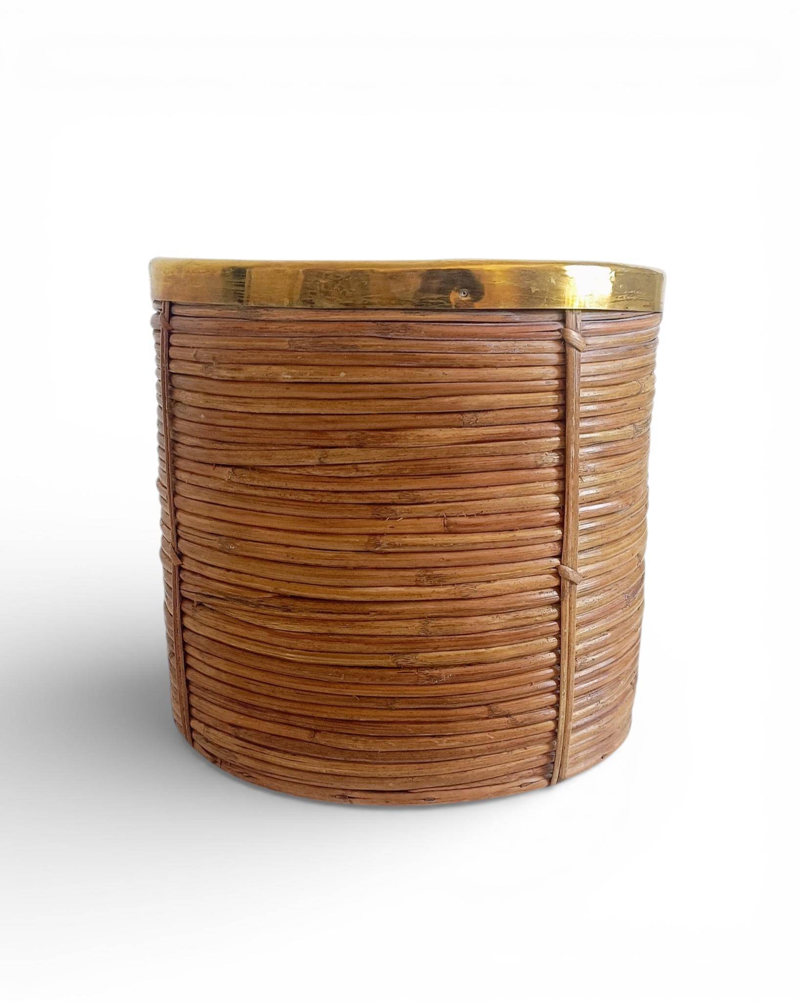 Mid-Century Organic Modern Large Pencil Reed / Rattan Planter with Brass Rim
