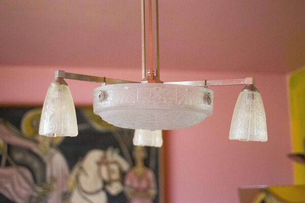 Lustre art déco bronze nickelé avec verre tulipe art déco, lampe de plafond, suspension art déco, 30