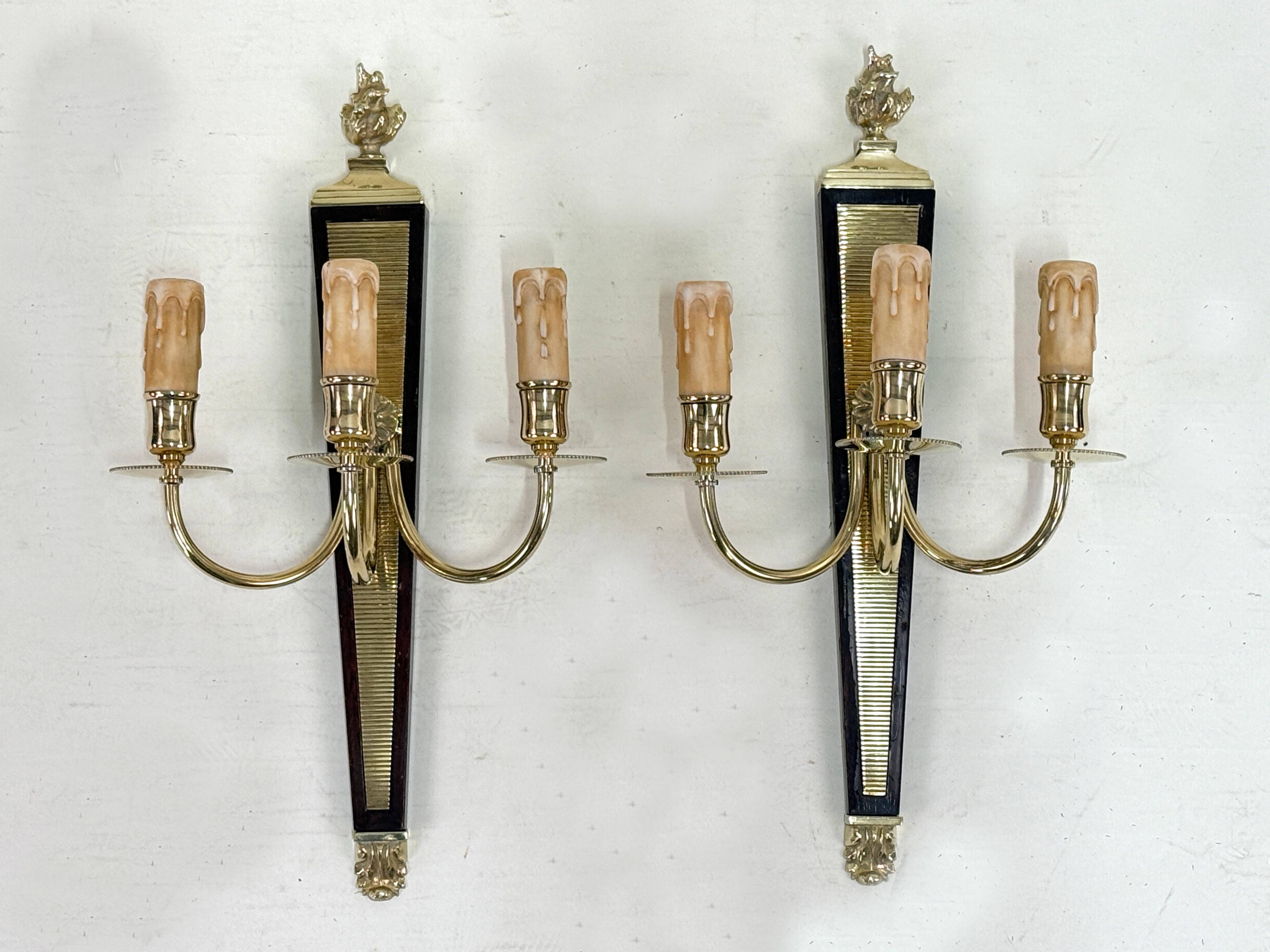 Antique Pair of 3-Light Wall Lights - Gilt Bronze and Mahogany - Neoclassical - 40's