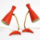 Pair of red Mid Century Modern Diabolo crow's foot table lamps from Cosack