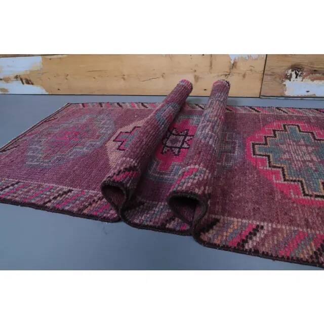 1960s Purple Pink Natural Turkish Hand-Knotted Runner Rug 81x327