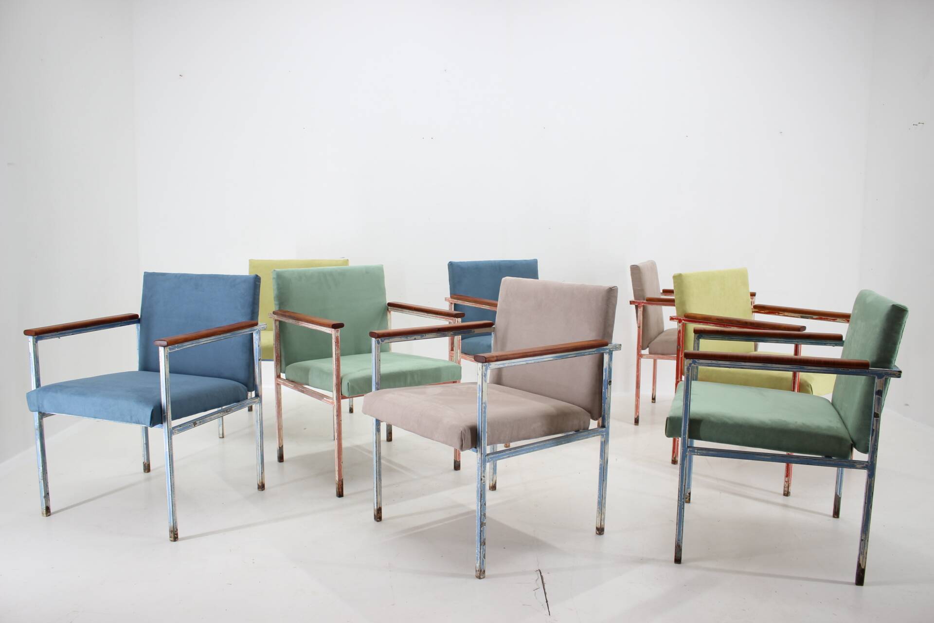 1960s Set of Eight Iron and Wood Armchairs/Dining Chairs,Czechoslovakia