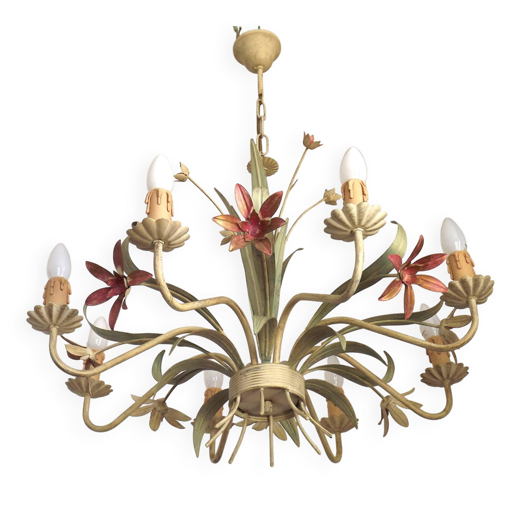 Italian vintage metal chandelier with 8 lights, Mathias bouquet, pink flowers.