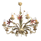 Italian vintage metal chandelier with 8 lights, Mathias bouquet, pink flowers.