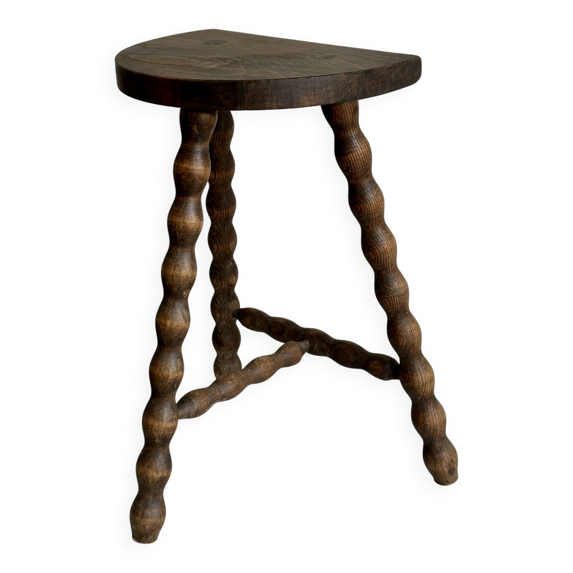 Tabouret ancien tripode en bois sculpté torsadé