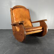 Brutalist pine rocking lounge chair with leather seat by Wasa 1984