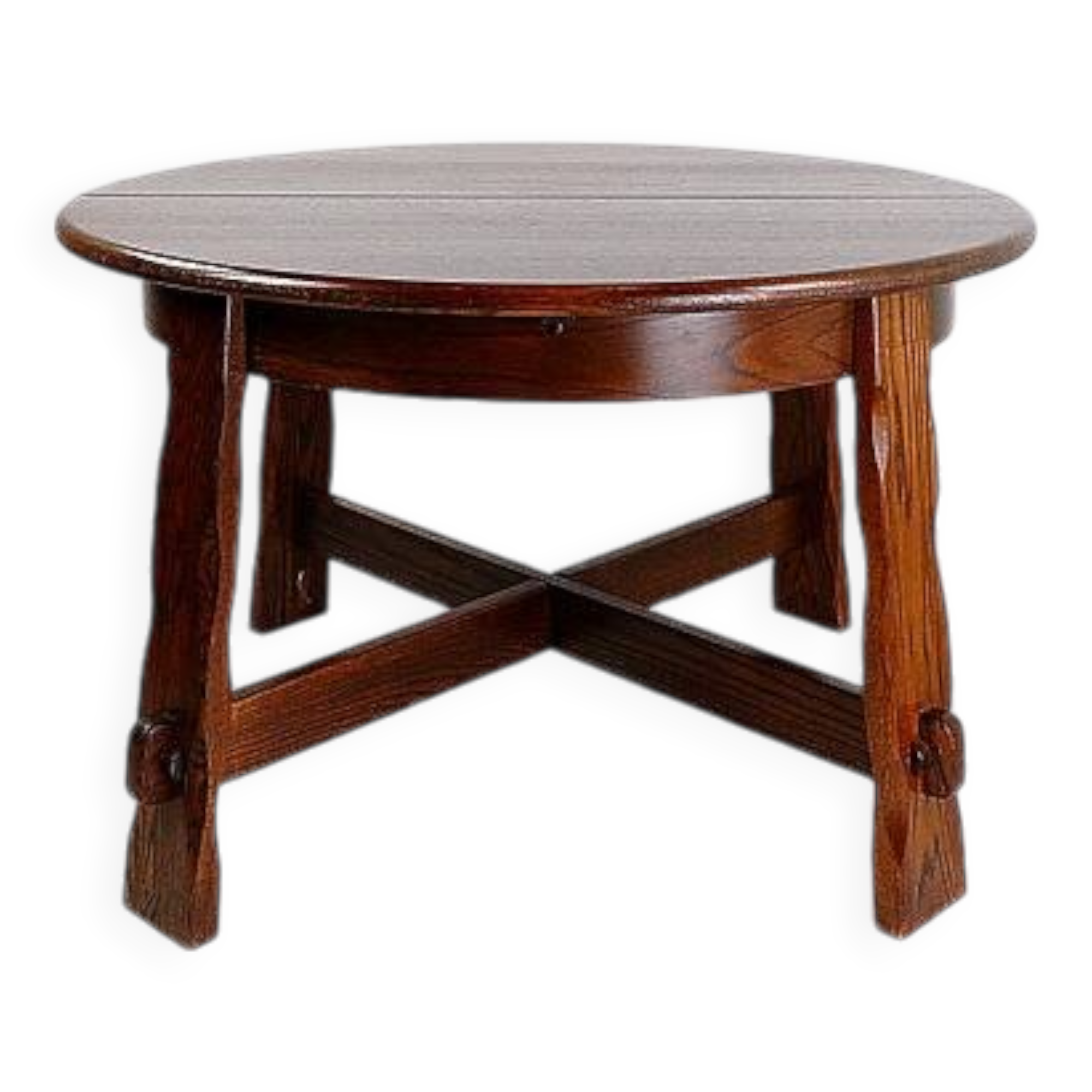 Table de salle à manger ronde à rallonge en chêne massif Brutalist 1950s Mid-20th Century
