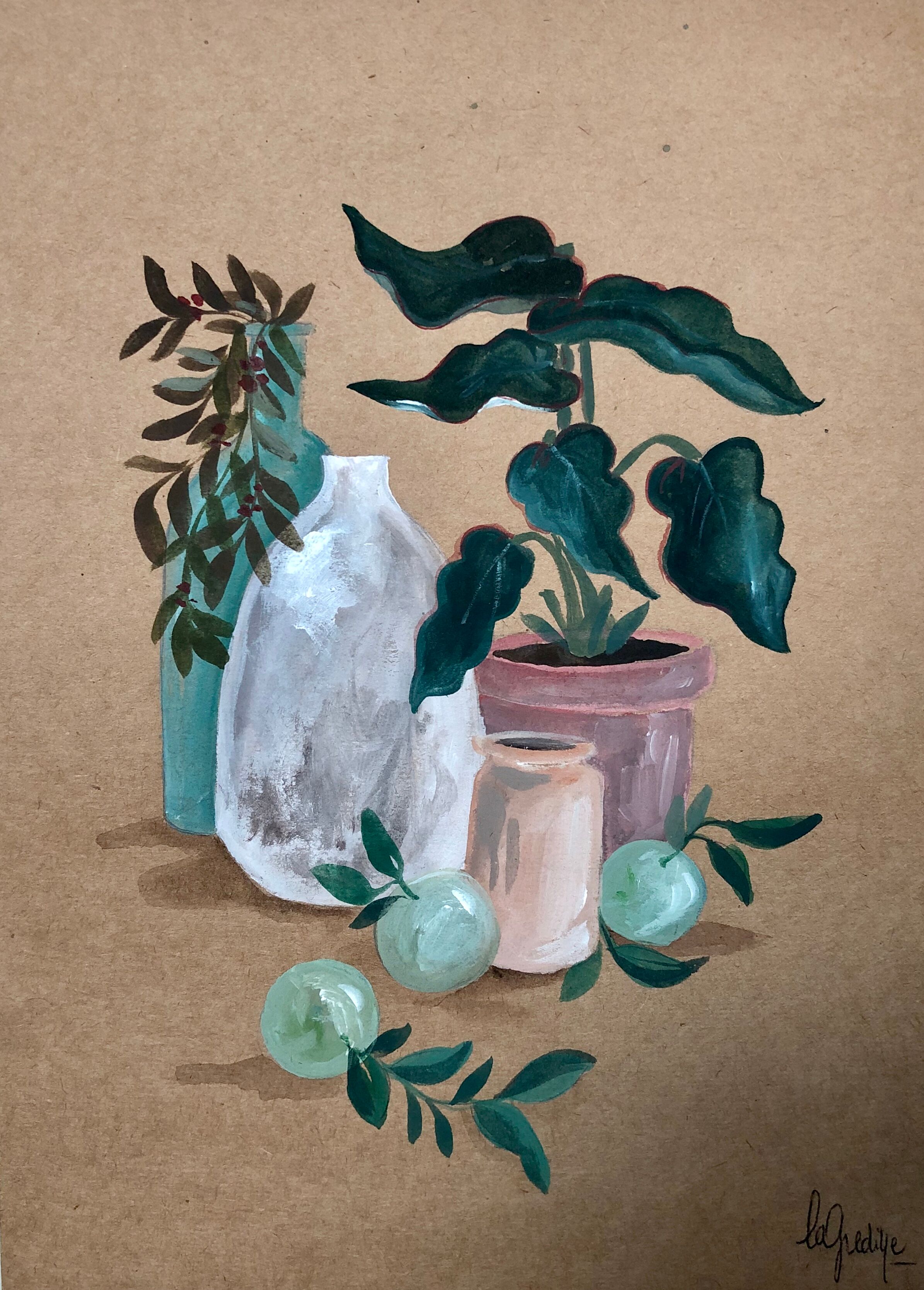 Painting A4 Pottery and green plants