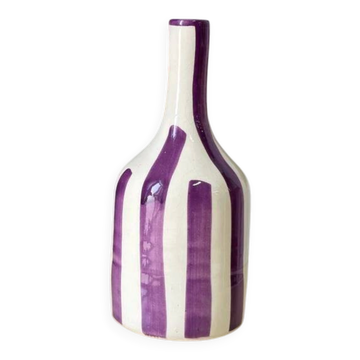 Vase artisanal bouteille mauve rayé
