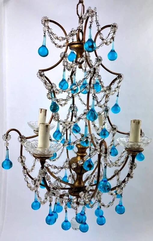 Italian chandelier with blue beads and gilded wood