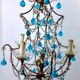 Italian chandelier with blue beads and gilded wood