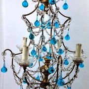 Italian chandelier with blue beads and gilded wood