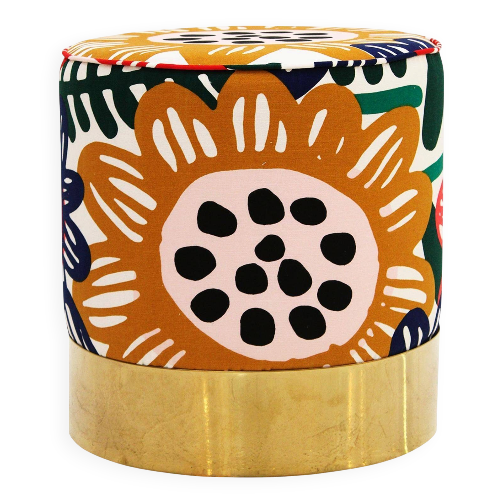 Contemporary Multicolour Floral-patterned Fabric and Brass Italian Circular Pouf