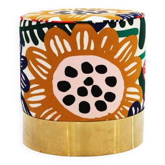 Contemporary Multicolour Floral-patterned Fabric and Brass Italian Circular Pouf