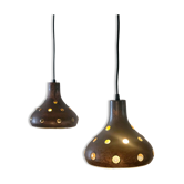 Set of 2 brutalist copper and amber glass pendant lamps by Peill & Putzler