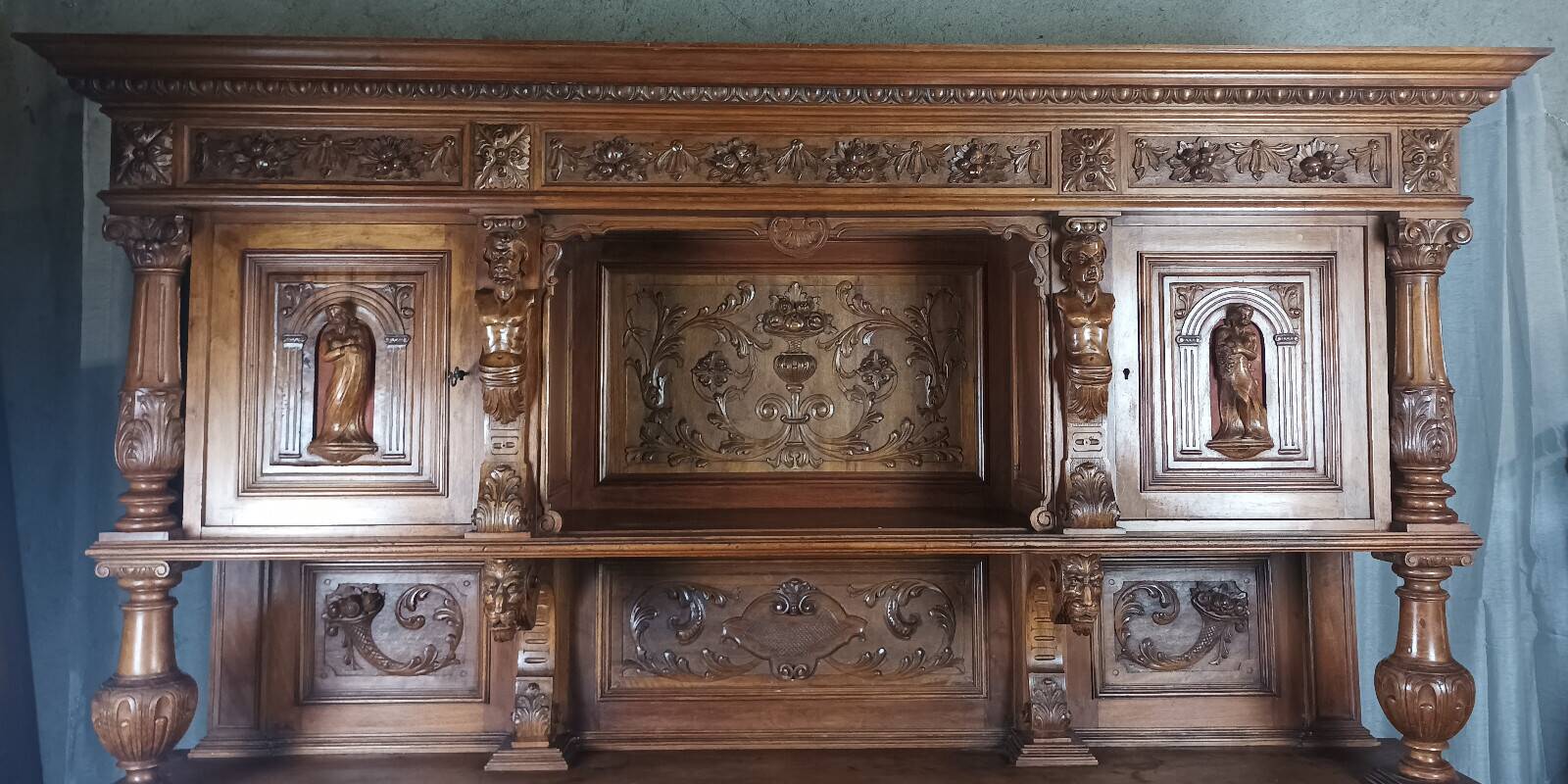 19th-century walnut buffet with two bodies.