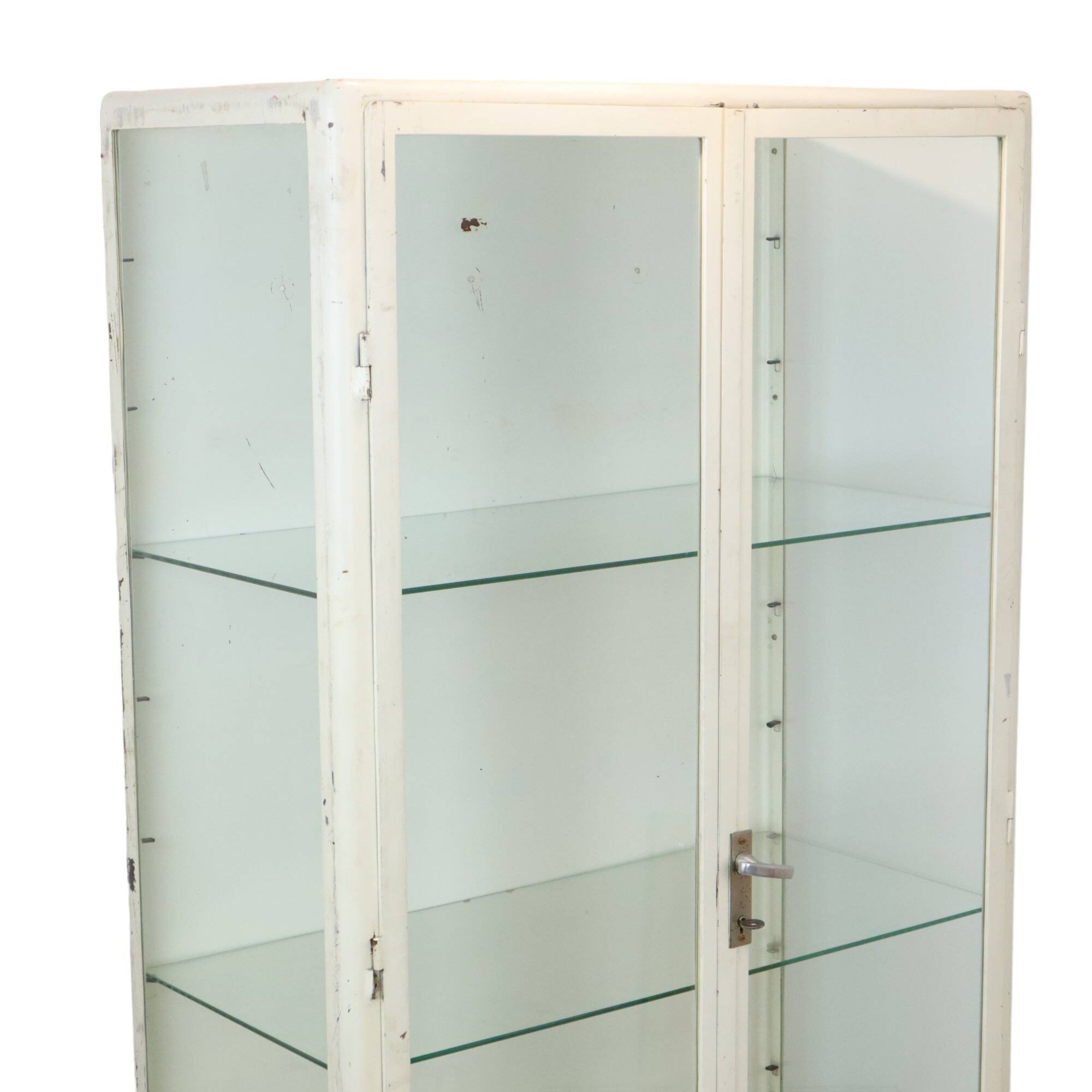 Old metal pharmacy cabinet medicine cupboard glass industrial 1950s