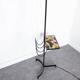 Black metal magazine rack floor lamp with ceramic shelf