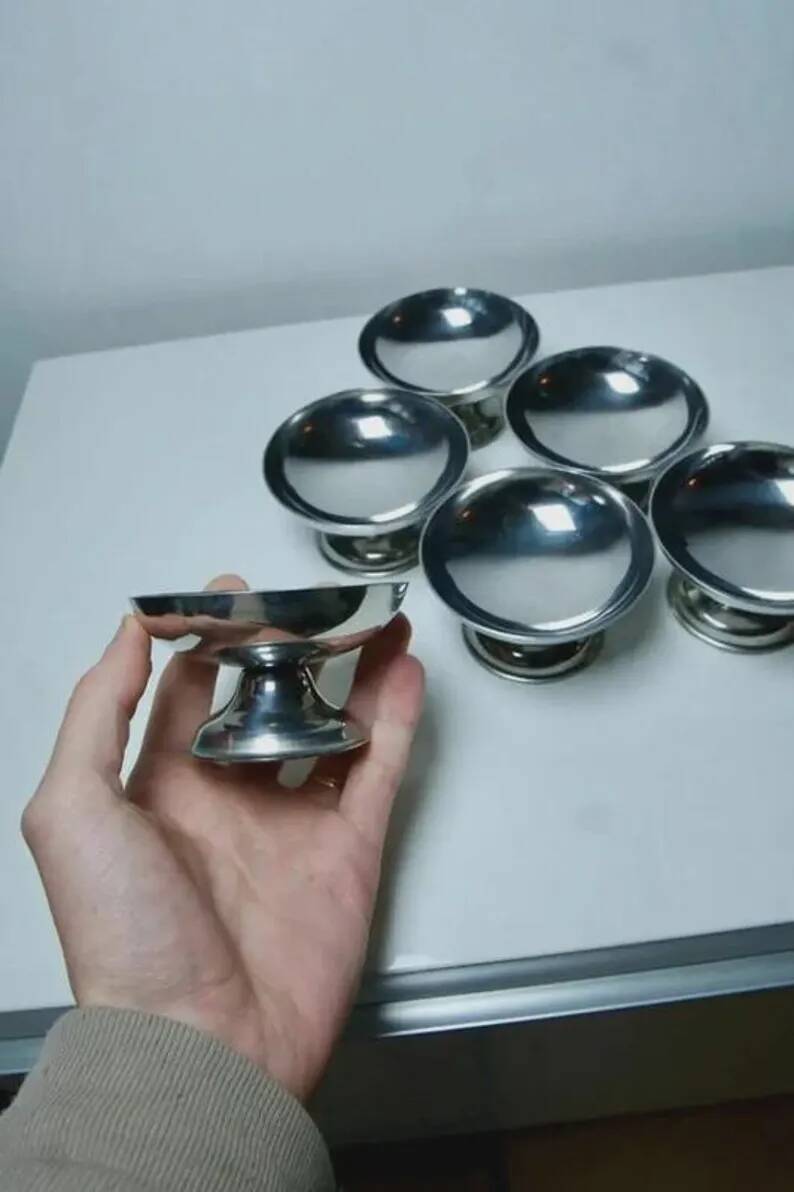 6 Vintage Stainless Steel Ice Cream Bowls | Antique Metal Sorbet Cups | Retro Design Ice Cream | Bistro Kitchen Table Decor | Gift Idea