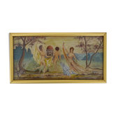 Mixed technical drawing 3 women dancing naked, 3 women in the bath. Signed. Year 20 30