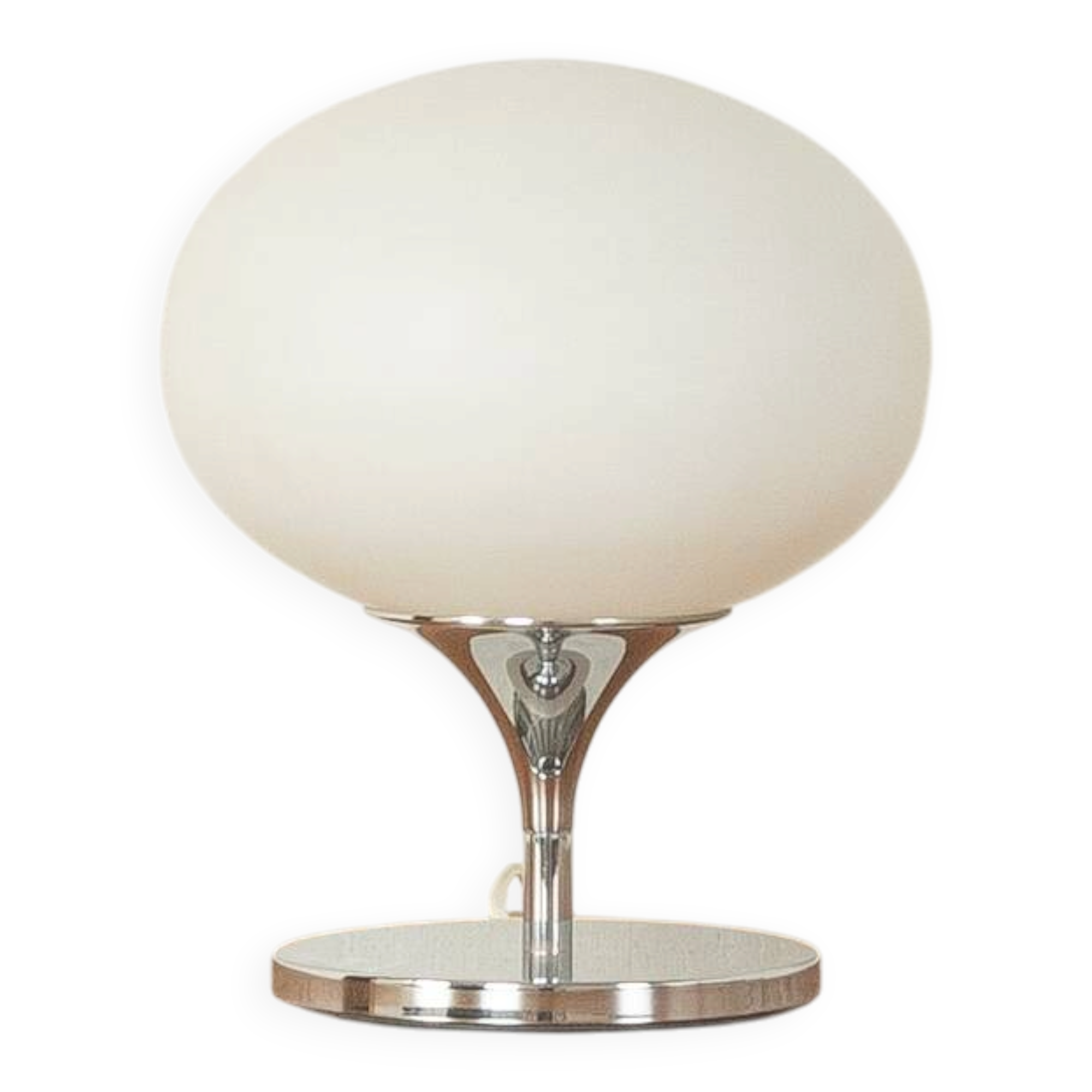 Kaiser Leuchten table lamp, 1970s, space age design, chrome and opal glass