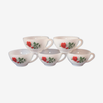 5 large vintage Arcopal cups with red pink decoration