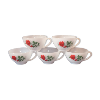 5 large vintage Arcopal cups with red pink decoration