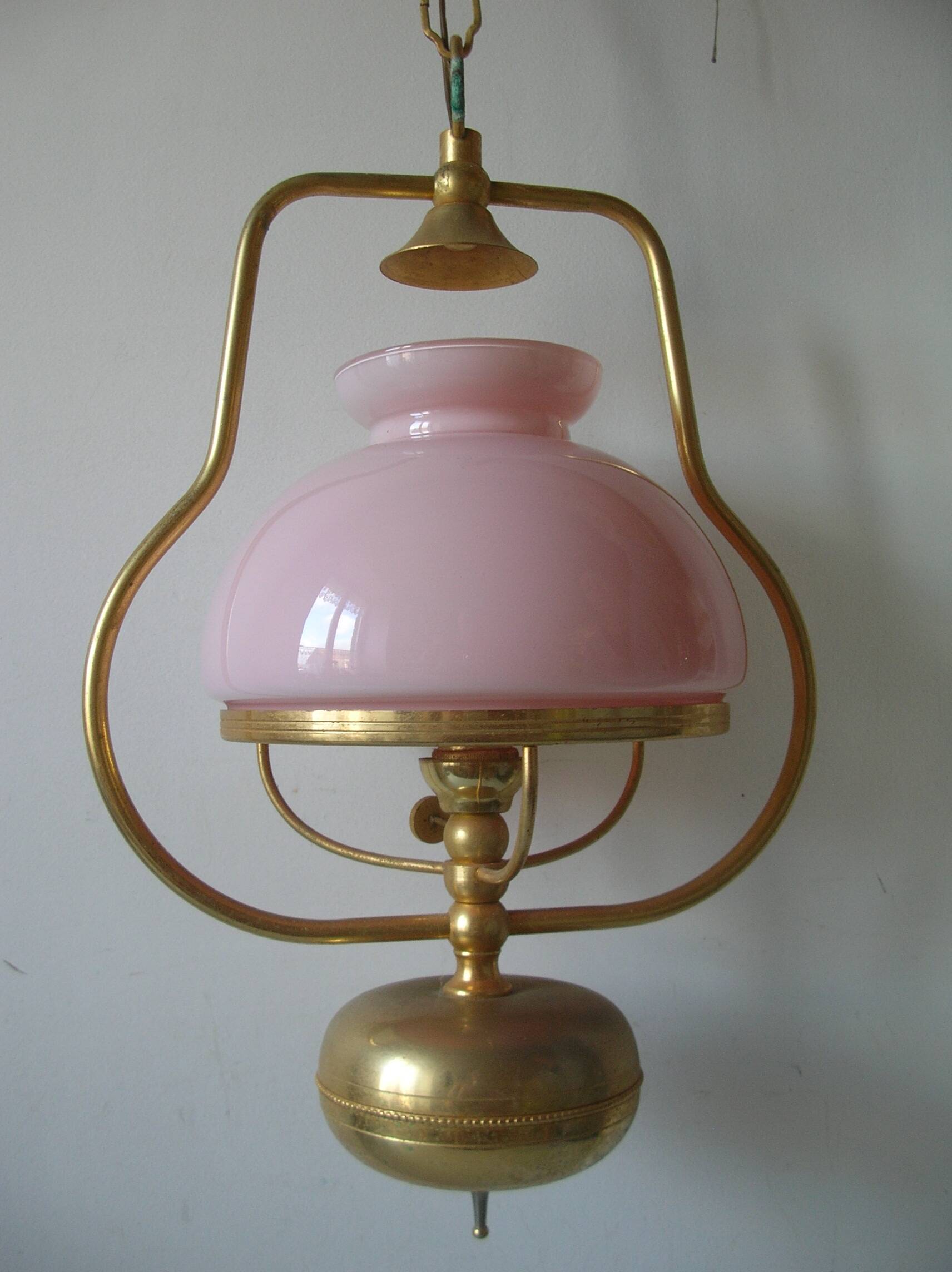 Old chandelier suspension light fixture in golden brass pearl pink opaline lampshade