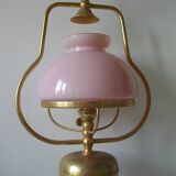 Old chandelier suspension light fixture in golden brass pearl pink opaline lampshade