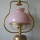 Old chandelier suspension light fixture in golden brass pearl pink opaline lampshade