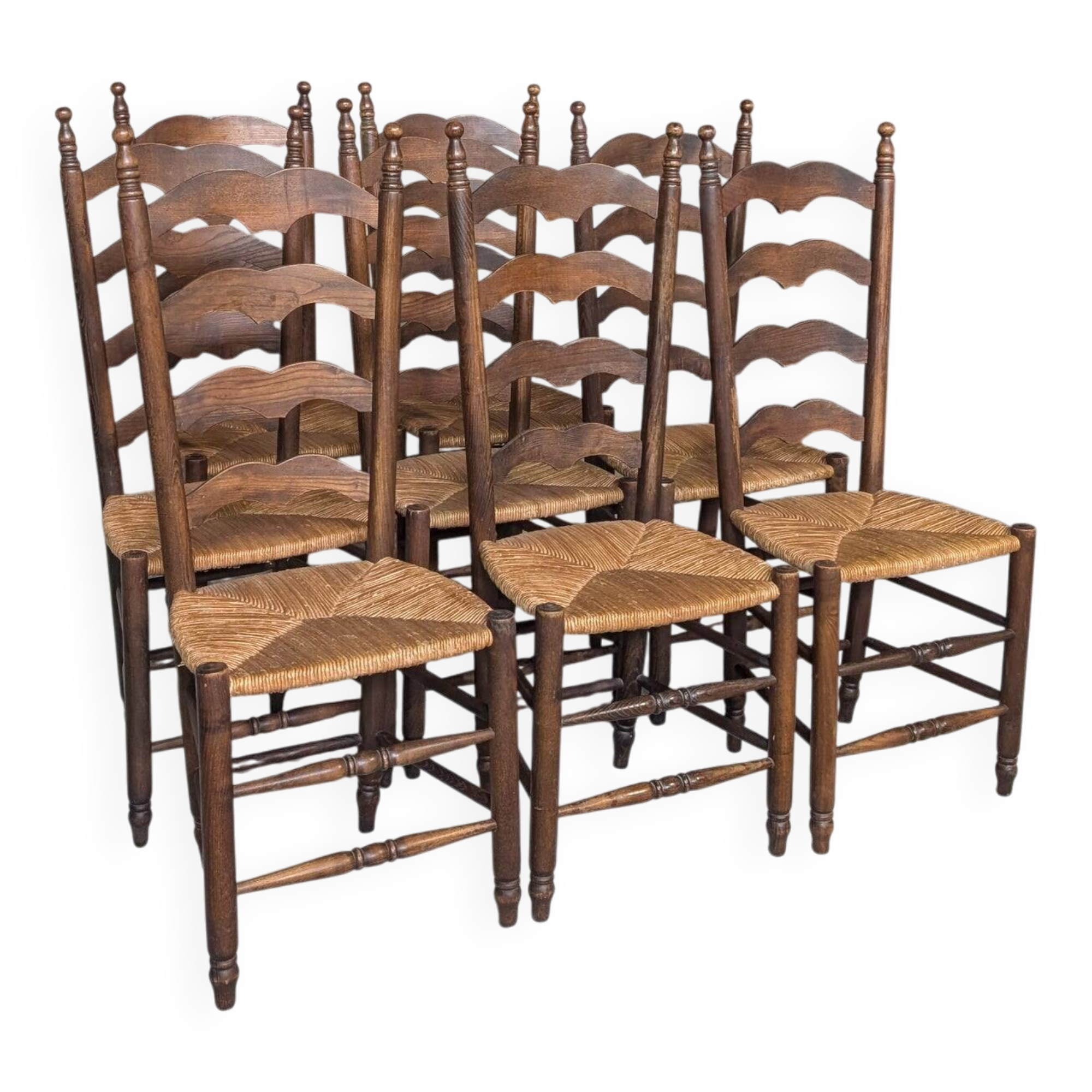 Ensemble de 8 chaises en bois et paille
